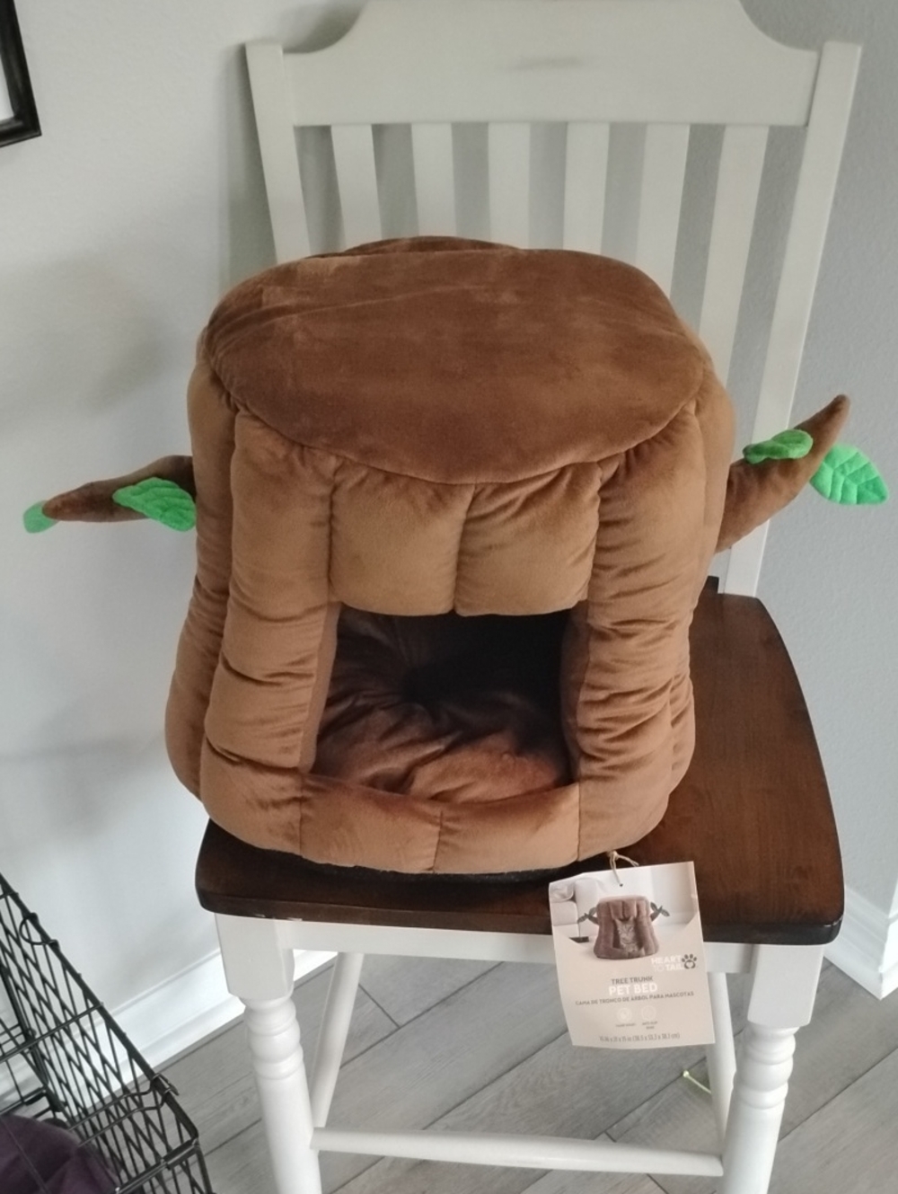 Plush Brown Tree Stump Cat Bed with Green Leaf Accents